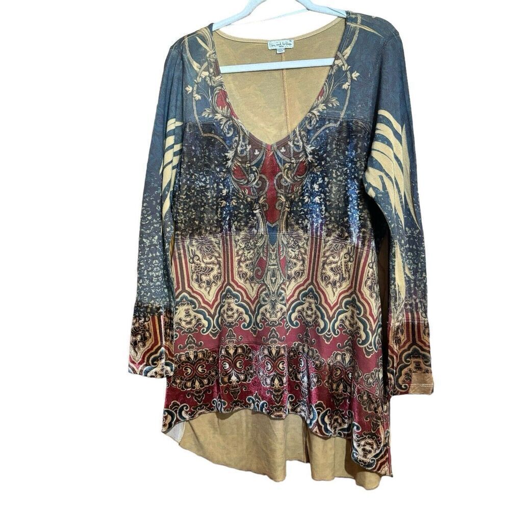 Live and Let Live Tunic Top Womens 1X Multicolor Boho Artsy Print Scoop Blouse